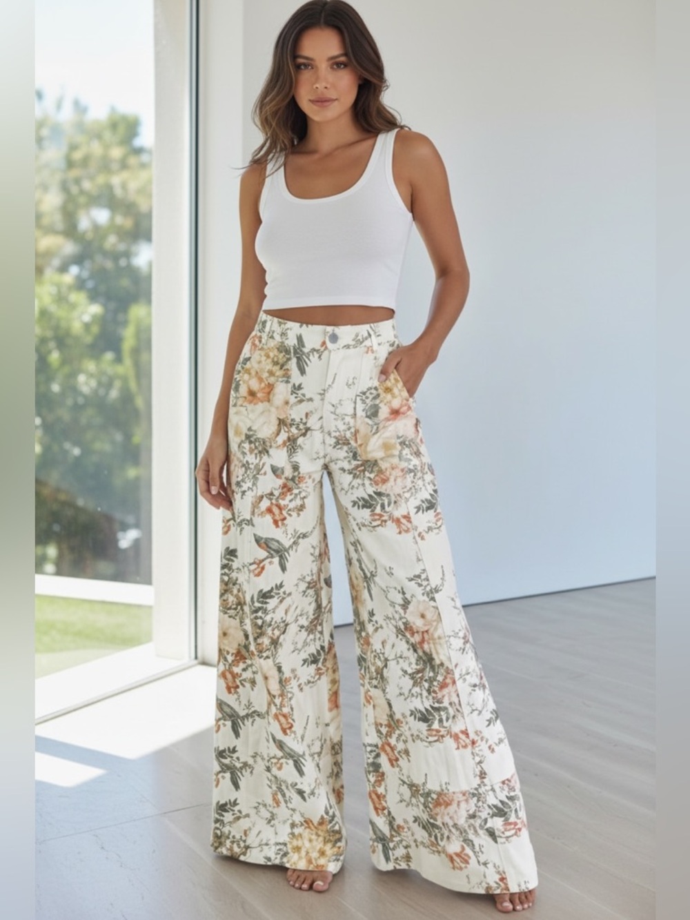 1221. Vintage Floral Print High Rise Wide Leg Denim 🌸